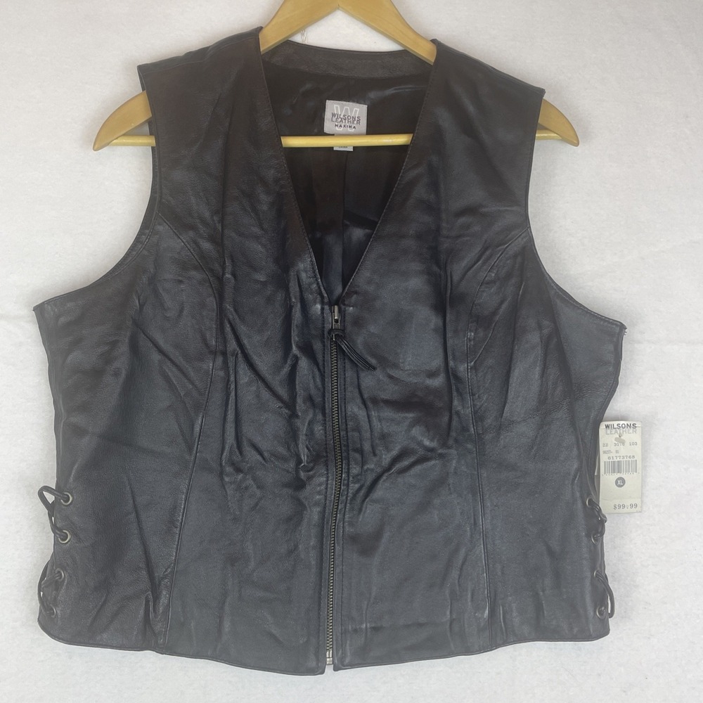 Wilsons Leather Maxima Womens Biker Vest Black Side Lace Up Zip XL Vintage NWT